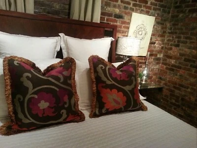 Pair New Rare Jacquard 20”x20” Throw Pillow Covers Brown Orange Pink Scroll - Image 1 of 4