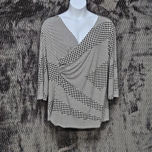 Clara Sun Wood Top Womens 3X Hounds Tooth Asymmetrical V Neck Artsy Tunic - Picture 1 of 13