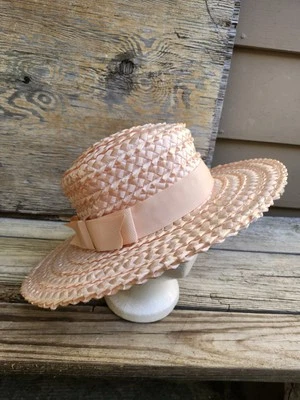 Vtg 60s Womens Straw Hat Peach  W/Wide Brim & Satin Trim Accented W/ Flat  Bow  - Image 1 of 4