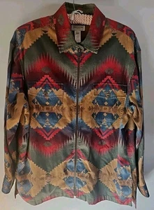 Y2K VTG Jones New York Shacket Zip Jacket Womens L Aztec Southwest Cowgirl Boho - Picture 1 of 14