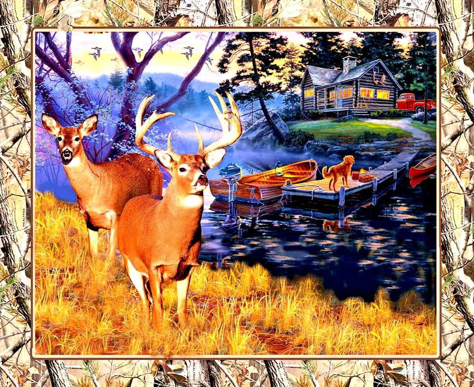 SYKEL"WHITETAIL BUCK & DOE SUNSET PANEL 36"X44" SOLD BY THE PANEL - Image 1 of 1