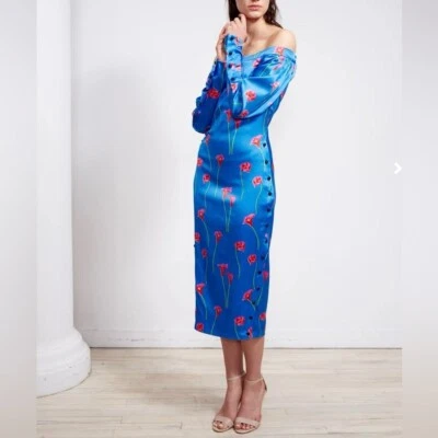 NWT Caroline Constas Dania Lily Off the Shoulder Silk Long Sleeve Dress XS Blue - Image 1 of 4