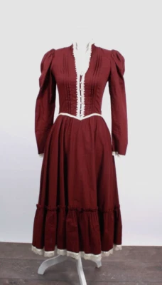 Vtg Women's 70s Maroon Gunne Sax Prairie Dress 1970s Midi Gown XS/S Pearl Trim - Image 1 of 4