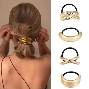 Metal Hair Ties 4Pcs Gold Metal Geometric Elastic Hair Ties Hair Cuff Wrap Ha... - Picture 1 of 1