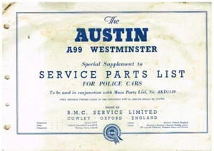 AUSTIN A99 WESTMINSTER POLICE CAR ORIG. 1960 FACTORY PARTS CATALOGUE SUPPLEMENT - Picture 1 of 1