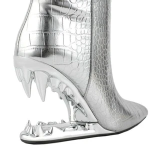 Ladies Edgy High Heel Boots with Shark Teeth Design Heel Pointed Toe Silver Boot - Picture 1 of 8