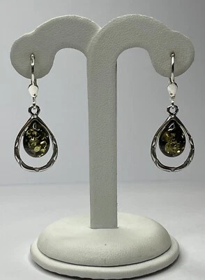 Pendientes de plata ÁMBAR BÁLTICO. Pendientes de piedra ámbar verdoso con plata de ley Foto 1 de 4