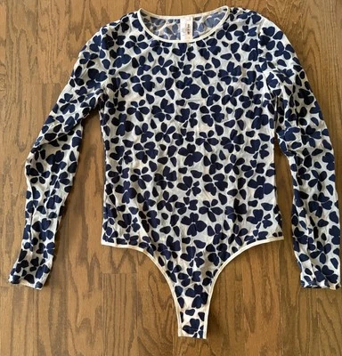 Victoria Secret Navy & Beige Floral Velvet Thong Style Bodysuit Top Sz Large NWT - Image 1 of 4