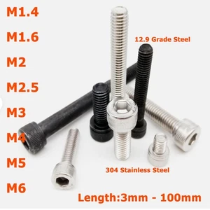 M 1.4 M 1.6 M2 M2.5 M3 M4 M5 M6 Hex Hexagon Socket Cap Allen Head Screws Bolts - Picture 1 of 11