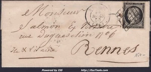 FRANCE CERES 20c N°3 SUR LETTRE GRILLE + CAD TYPE 15 NANTES DU 15/03/1849 - Imagen 1 de 2