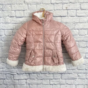 Michael Kors Youth Kids Girls Pink White Puffer Fur Hooded Jacket Zip Size 14 - Picture 1 of 12