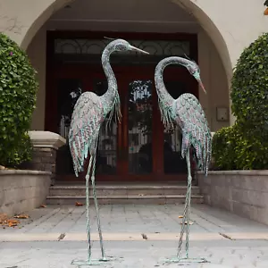 Crane Statue Standing Metal Patina Heron Decoy Bird Yard Art Lawn Pond Set of 2 - Picture 1 of 9