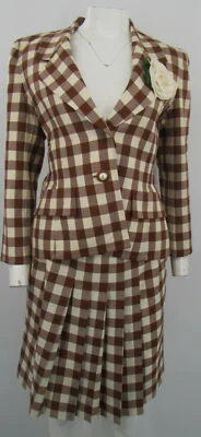 Blazer y falda Oscar de la Renta marrón y crema a cuadros 2 piezas con flor talla 8 Foto 1 de 4