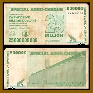 Zimbabwe 25 Billion Dollars Special Agro Cheque Bills Banknotes Money - Picture 1 of 6