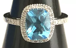 14K White Gold Blue Topaz & Diamond Ring EMA Size 7 - Picture 1 of 9