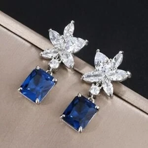4Ct Lab Created Sapphire Drop Dangle Women's Earrings 14K White Gold Plated - Picture 1 of 4