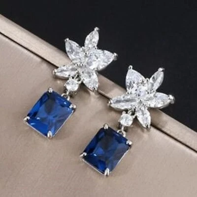 4Ct Lab Created Sapphire Drop Dangle Women's Earrings 14K White Gold Plated - Image 1 of 4