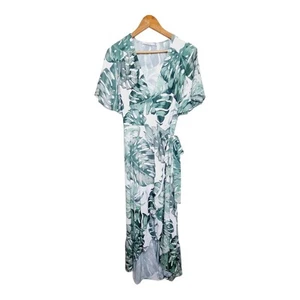 Lorraine Dress Size 12 Tropical Leaf Print Wrap Midi Flutter Sleeves Ruffled - Picture 1 of 12