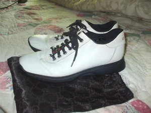 Authentic Gucci unisex white leather & green red stripe casual shoes & dust bag - Picture 1 of 12