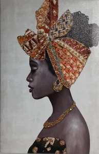 Wall Art, Unframed CANVAS, AFRICAN WOMAN with TRADITIONAL HEADWRAP with SEQUINS - Bild 1 von 2