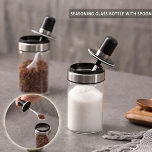 Transparent Glass Seasoning Bottle Salt Condiment Spice Airtight Jar With Spoon/