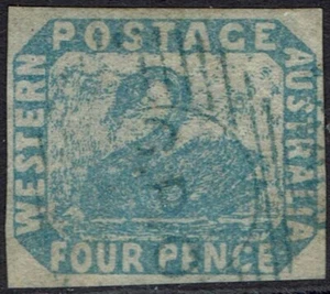 WESTERN AUSTRALIA 1854 SWAN 4D PALE BLUE IMPERF USED - Picture 1 of 2