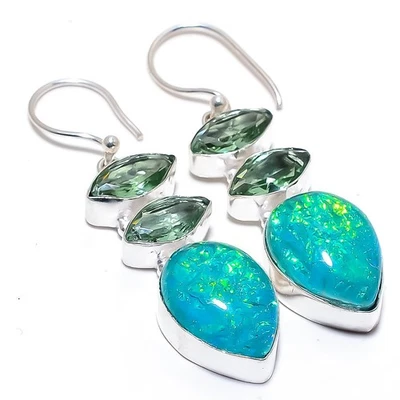 Triplet Fire Opal, Apatite Gemstone 925 Sterling Silver Jewelry Earring 2.4" - Image 1 of 4