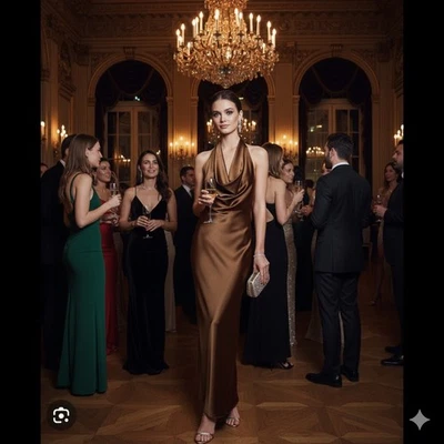 Zara Bronze Satin Open Back Gown Size XS - Image 1 of 4