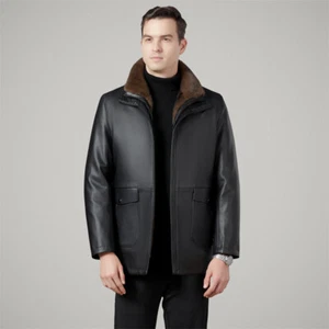 Leather Men's Fur One-piece Business Casual Mink Removable Liner Leather Jacket - Picture 1 of 13