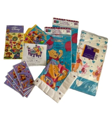 Vintage Winnie The Pooh Birthday Invitation Napkin Tablecloth Bag Sticker Lot - Image 1 of 4