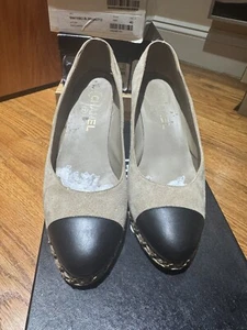 Chanel Suede 39.5 Leather Cap Toe Gold Chain Shoes Nude Black Beige Classic - Picture 1 of 5