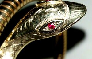 COLLECTIBLE ANTIQUE 9ct Gold Flexible Coil SNAKE/SERPENT Bangle With RUBY EYES* 