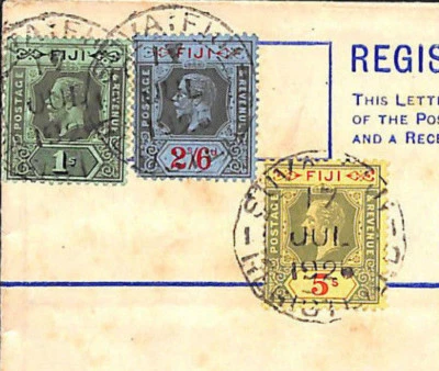 FIJI KGV 5s & 2s/6d HIGH VALUES Cover 1925 Registered Postal Stationery MS303 - Image 1 of 3