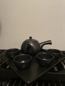 Japanese Kyushu Side Handle Teapot Black Ceramic Small With 4 Cups And Tray - Picture 1 of 7