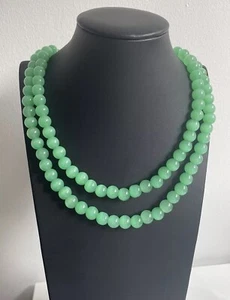Antique Silver Plated Apple Green Satin Handmade Glass Beaded Necklace 45" - Picture 1 of 7