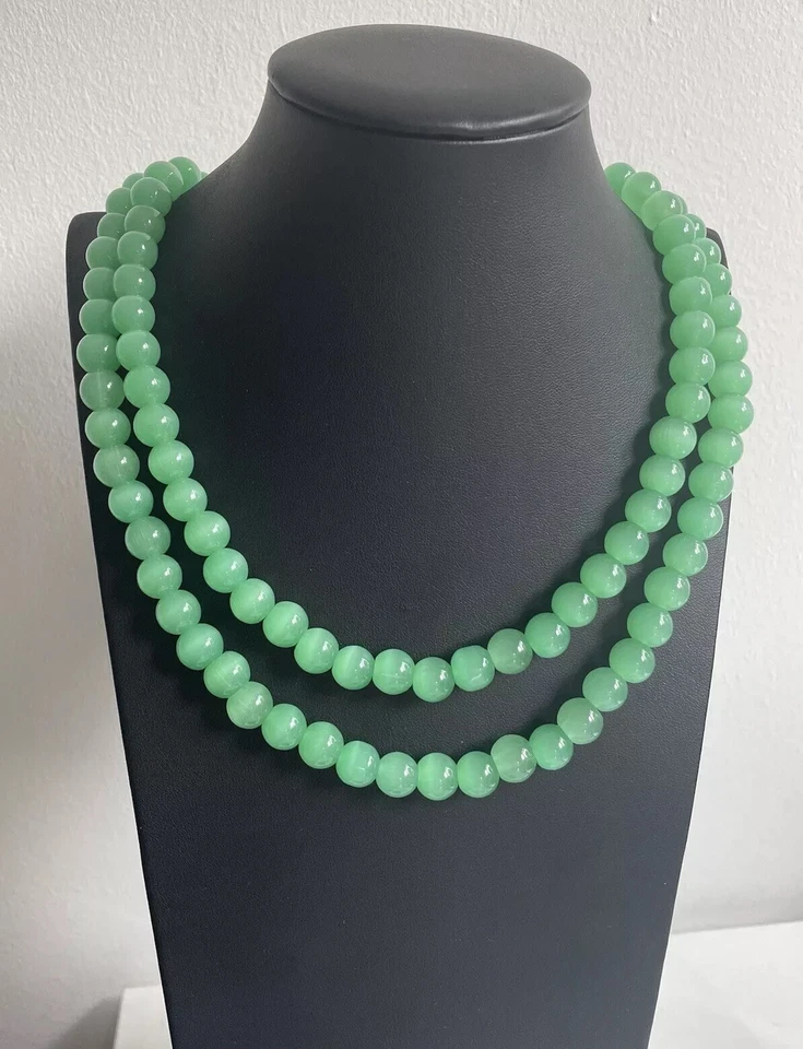 Antique Silver Plated Apple Green Satin Handmade Glass Beaded Necklace 45" - Image 1 of 4