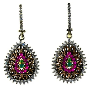 Earrings 925 Silver simulated Ruby Emerald CZ Oxidized fine jewelry (GYE-20021) - Picture 1 of 2