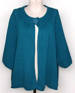 Dressbarn Woman - Cotton Blend Teal One-Button Knit Cardigan - Size 14/16 - Picture 1 of 3