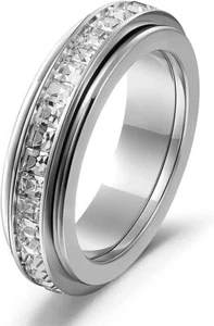 Anxiety Rings for Women Titanium Steel Spinner Fidget Band Rings Cubic Zirconia - Picture 1 of 6