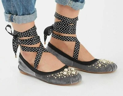 TOPSHOP GREY VELVET SHOES FLAT LACE UP STUDDED BALLET SHOES UK 4 EUR 37 NEW - Image 1 of 4