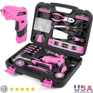 Juego de herramientas rosa de 143 piezas con destornillador inalámbrico estuche de almacenamiento de herramientas de mano para el hogar - Imagen 1 de 8