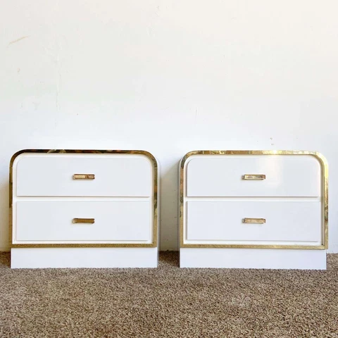 Postmodern White Lacquer Laminate Waterfall Nightstands W/ Gold Accents - a Pair Cover