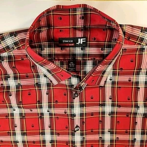 J Ferrar  Shirt 2XL (18-18.5) Slim Button Up Long Sleeve Plaid Red Skulls Men's - Picture 1 of 7