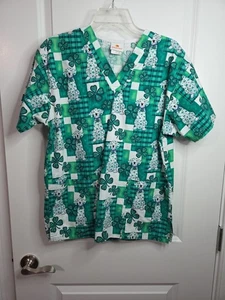 Peaches Shamrock Dalmation Dog Holiday Green White Scrub Top Women's XS - Picture 1 of 5