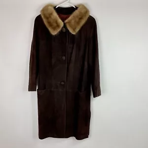 Vintage brauner Wildleder Leder Pelzkragen langer Mantel Jacke gefüttert Damen Größe Small - Bild 1 von 12