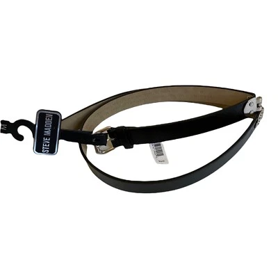 Steve Madden Womens Belt Sz M Black 1" Wide Silver Color Buckle Faux Leather - Image 1 of 4