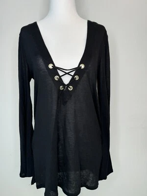 Camisa túnica bikini encubrimiento Beach Bunny mezcla de lino con cordones negra XS Foto 1 de 4