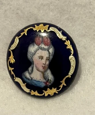 GORGEOUS ANTIQUE 1-PIECE BRASS COUNTER ENAMEL WITH LOVELY LADY 7/8" - Image 1 of 3