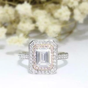 1.97 CT White Emerald CZ Two Tone Halo Engagement Ring In 14K White Gold - Picture 1 of 3