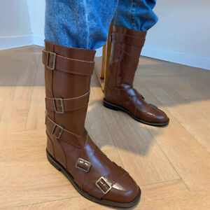 Fashion Ladies Mid-calf Western Boots Flat Heel Motorcycle Shoes Cowboy Boots Sz